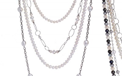 Collane componibili Nimei collezione "Moda" - Composizione cascata - Colori perle: Nero, Grigio, Bianco. Disponibili con perle diametro: da 5mm a 10mm. Varie lunghezze disponibili. Catene in argento.