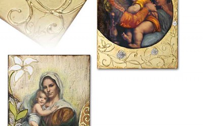 Quadri Valori Group argenteria collezioni "Madonna" - Riproduzioni su tela di quadri di Raffaello e Tommaso Nardini. Dipinti con colori naturali e decorati con foglia oro e argento.